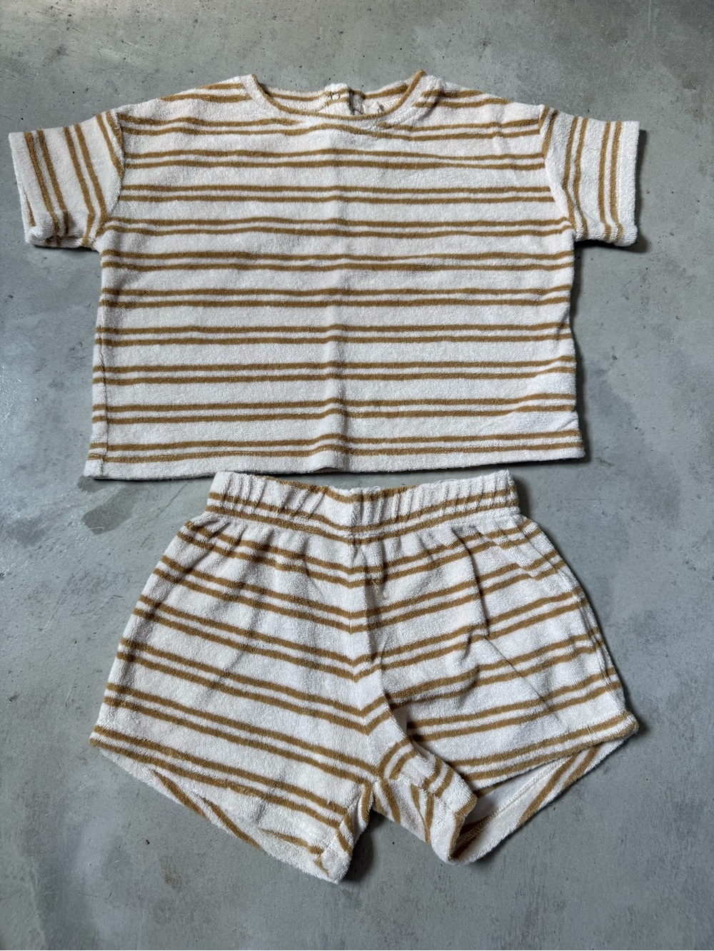 Quincy Mae White and Tan Striped Terry Short Set - Cozy Two-Piece